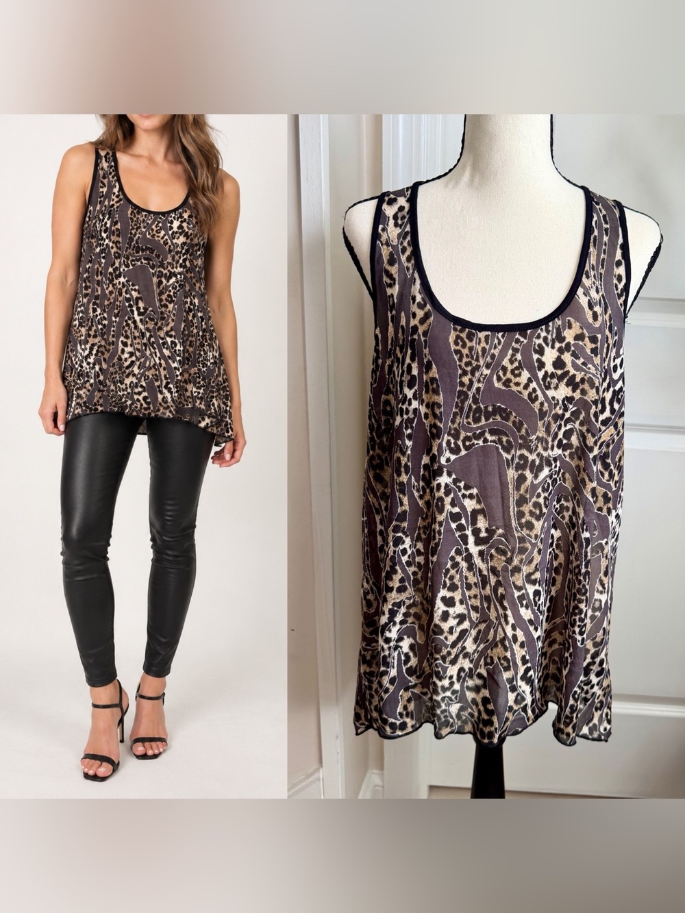 XXI Forever 21 Y2K Leopard Print Racerback Tunic Tank Top Brown Sz L